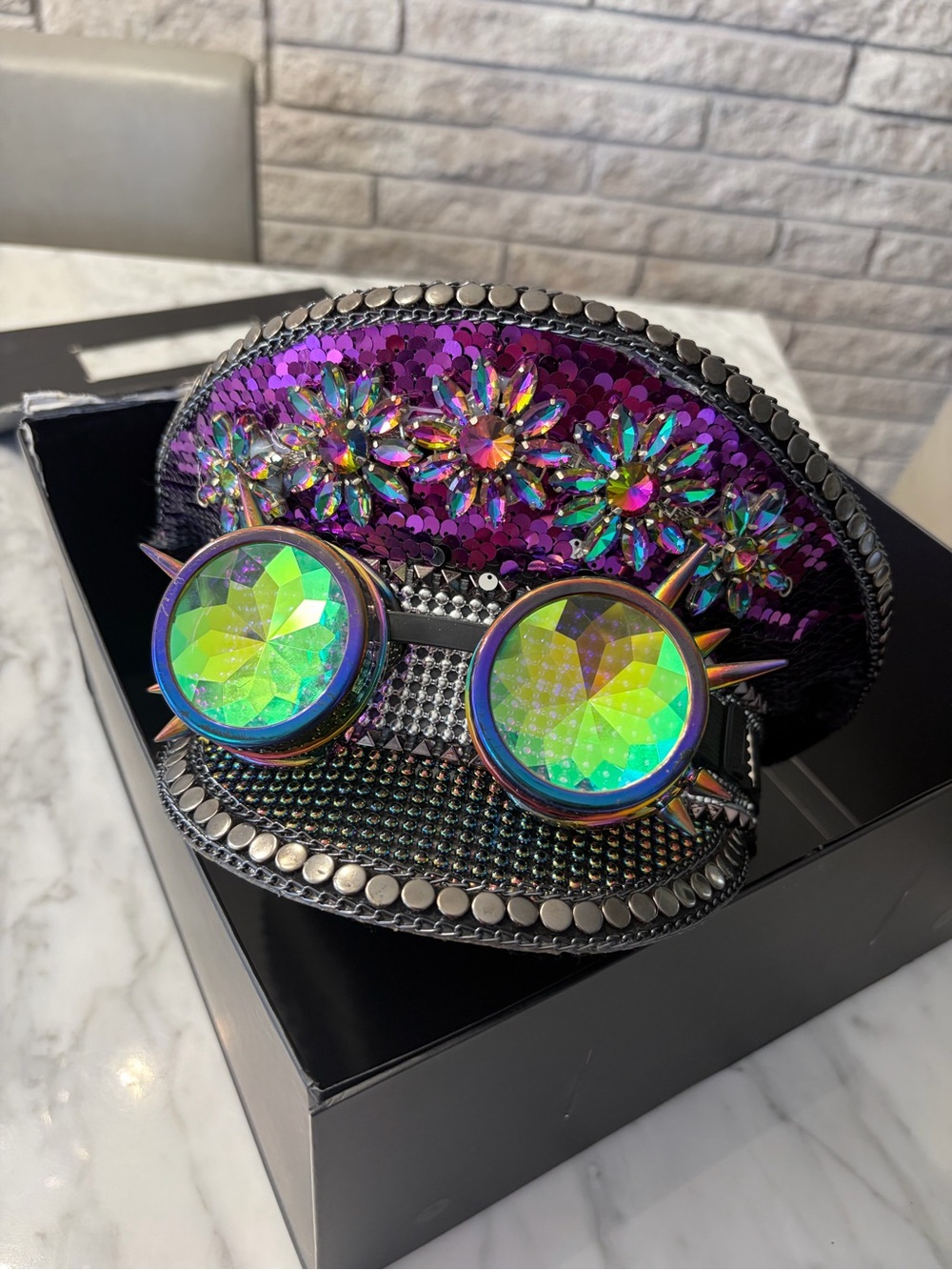 Purple sequin steampunk captain hat